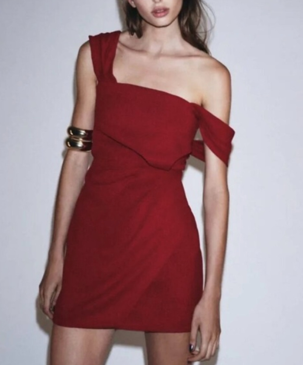 Zara Cherry Red Off the Shoulder Faux Wrap Mini Dress Size Medium